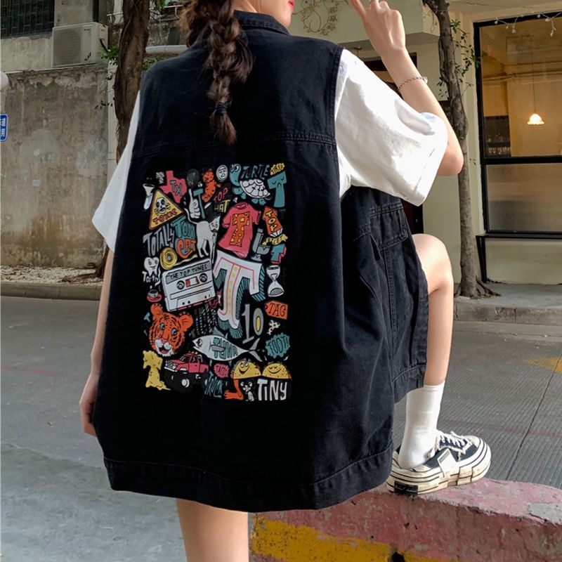 Áo Sát Nách Vải Denim Mỏng Dáng Rộng In Hoạt Hình Vui Nhộn Thời Trang 2022
