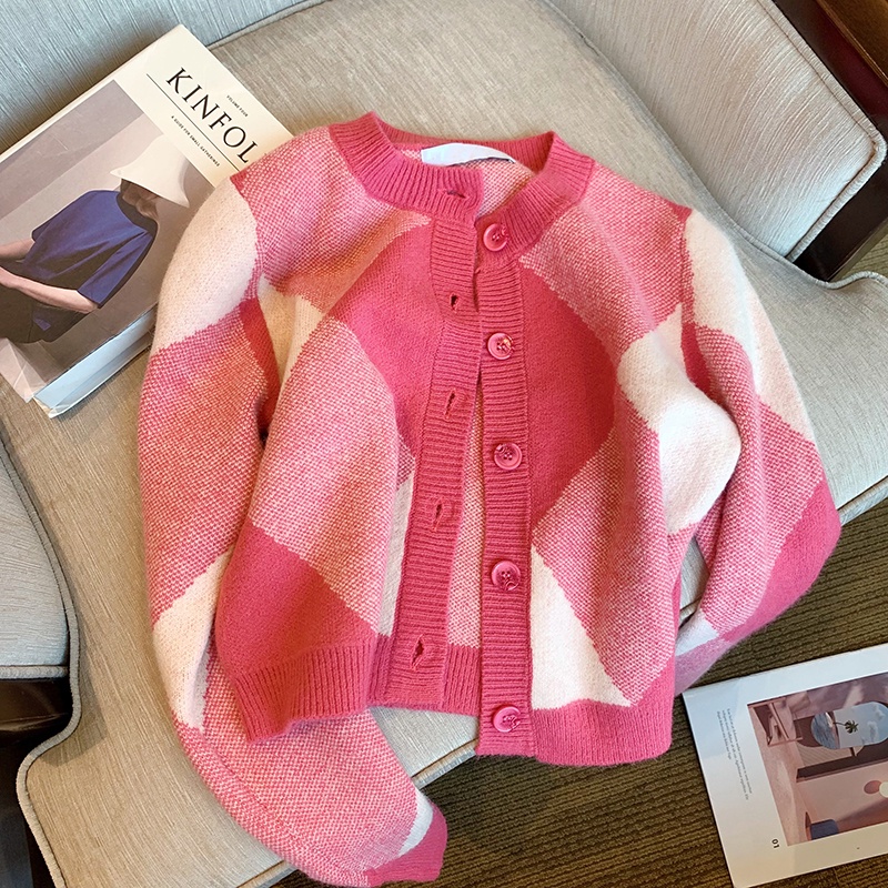 Áo Khoác Cardigan Dệt Kim Tay Dài Dáng Ngắn Hoạ Tiết Hình Thoi Màu Hồng  tao bao