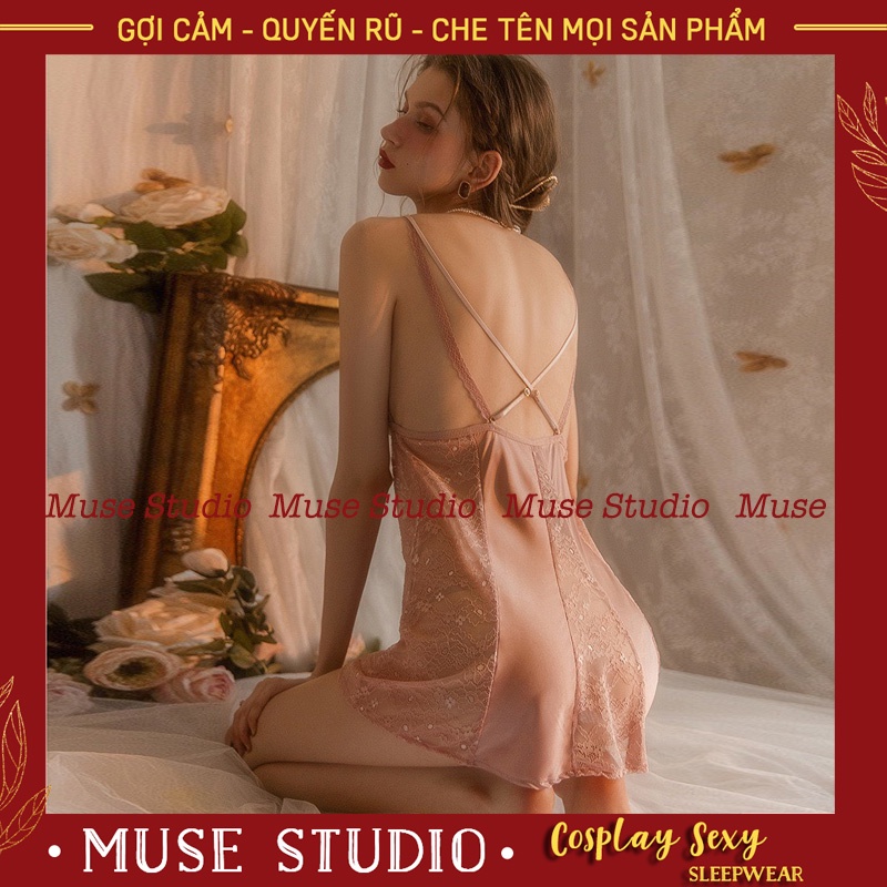 Váy ngủ sexy, đầm ngủ hai dây gợi cảm vải satin cao cấp phối ren mở trước ngực quyến rũ - Muse Studio MS001