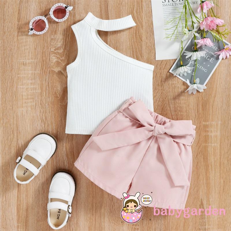 BABYGARDEN-6months-4years Baby Girls Clothes Set, Halterneck Oblique Shoulder Sleeveless Vest + Shorts + Waist Belt