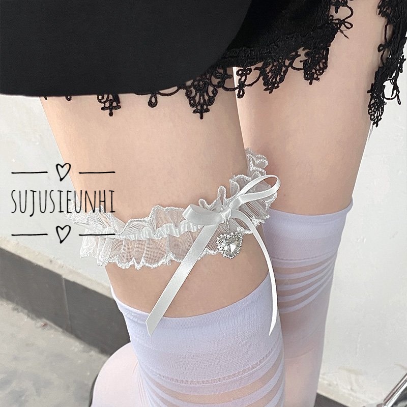 Vòng choker đeo đùi hoặc cổ ren nơ nhỏ đính đá hình tim