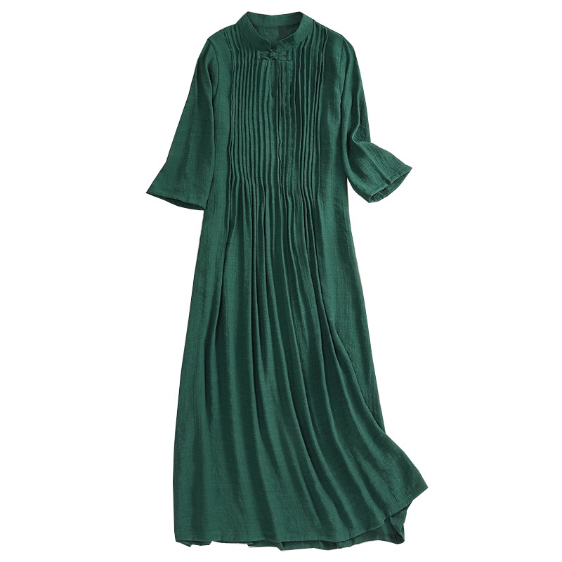 Đầm Sườn Xám Vải Lanh Cotton Dáng Dài Cài Nút Đĩa Lớn Phong Cách Retro Ý Cho Nữ