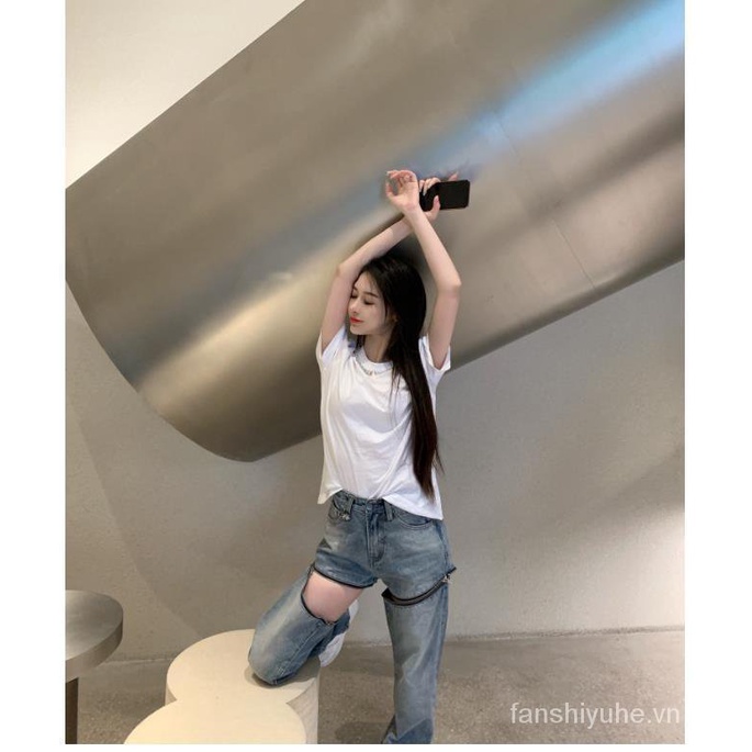 Quần jean dài lưng cao ống rộng có thể tháo rời thiết kế mới thời trang sành điệu cá tính cho nữ | BigBuy360 - bigbuy360.vn