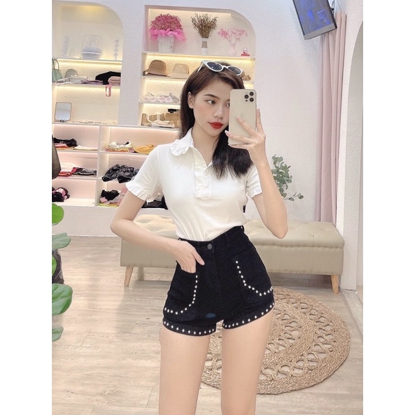 SHORT JEANS GIÃN ĐÍNH ĐINH TÁN - jeans co giãn ảnh thật