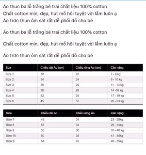 Set 3 áo ba lỗ trắng bé trai 6-10
