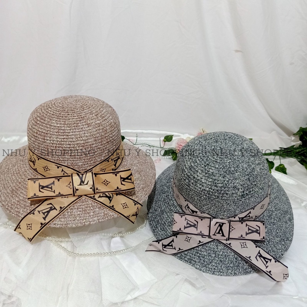 Nón cói đi biển cho nữ, chất liệu mũ cói mềm vành nhỏ in chữ sành điệu-q12m LV