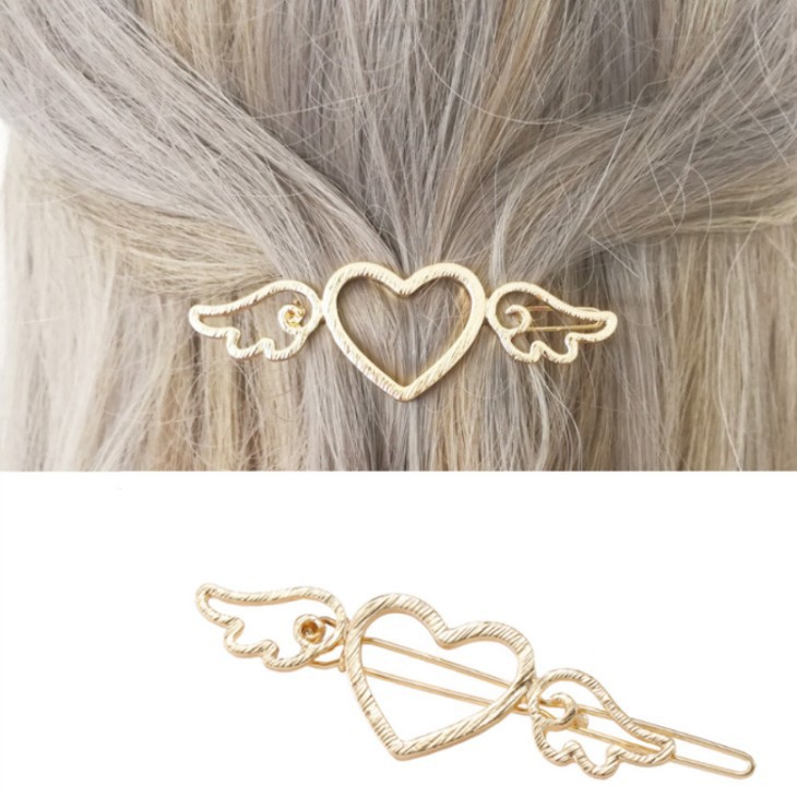 Hollow Peach Heart Wings Retro Simple Metal Hairpin /Hollow Smooth Love Heart Hair Pins Clip /Fashion Cute All-Match Hairpin / Side Clamp Liu Hai Horse Tail Clip for Women Lady