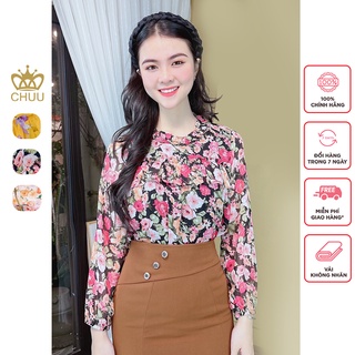 Áo sơ mi hoa tơ tay phồng cổ bèo nhún chuu a60045