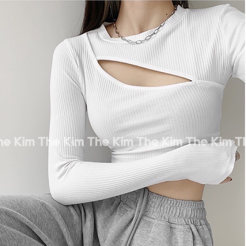 Áo croptop dài tay khoét ngực chéo poone shop, áo thun len tăm cổ tròn thu đông ôm sát body siêu đe