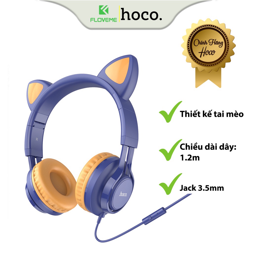 Tai Nghe Chụp Hoco W36, Hình Tai Mèo Dễ Thương, Âm Thanh Chân Thực, Tích Hợp Micro Đầu Cắm 3.5mm, Cam Kết Chính Hãng