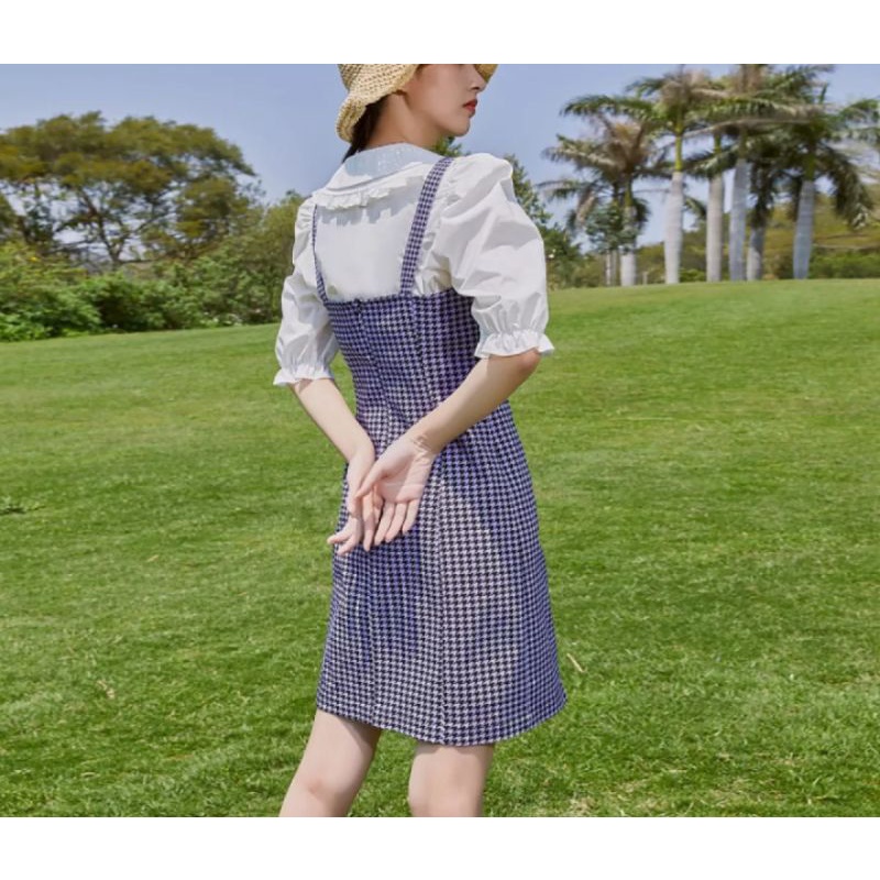 Đầm Váy Yêm Hai dây Caro nhỏ Kèm nịch và túi Hàng Hiệu