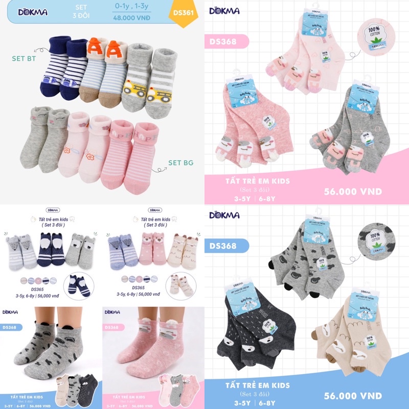 1 Set 3 đôi Tất/Vớ Dokma cotton co giãn 4 chiều bé trai/bé gái size 0-1 tuổi đến 6-8 tuổi