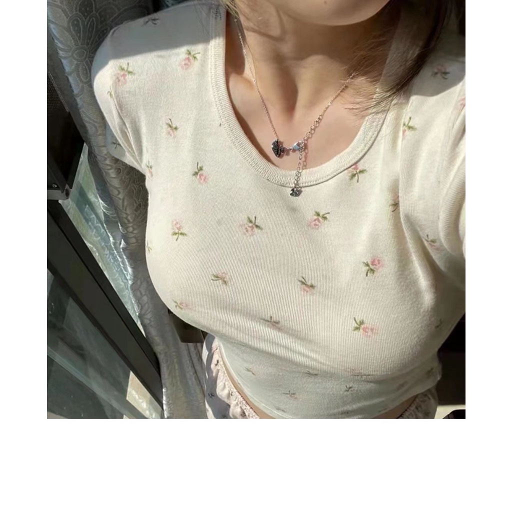 Brandy melville Áo Hoa BM Tay Ngắn Màu Be