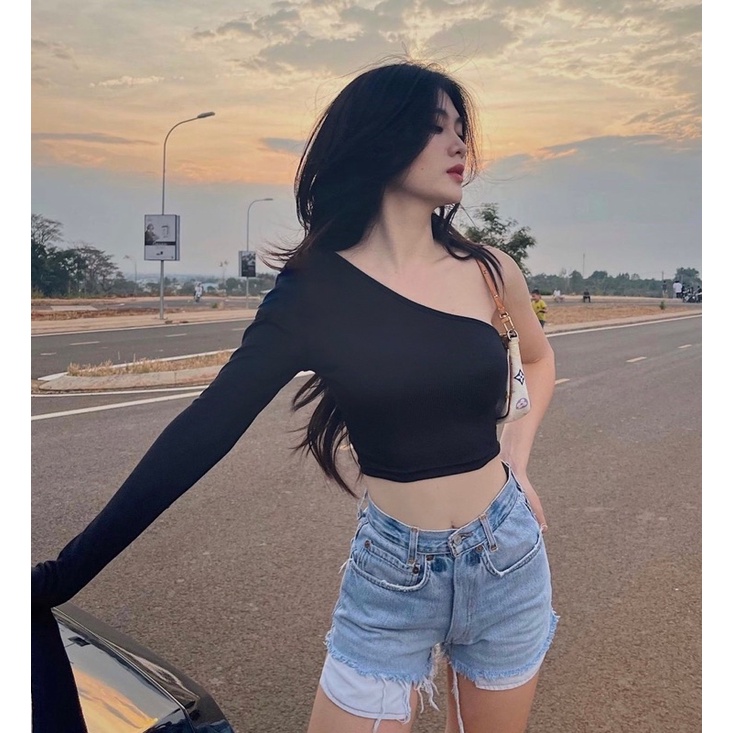 (Ảnh Thật) Áo Croptop Tay Dài Khoét Tay [FREESHIP] Áo Croptop Tay Dài Xéo Một Tay Thun Gân Siêu Đẹp Phong Cách Ulzzang