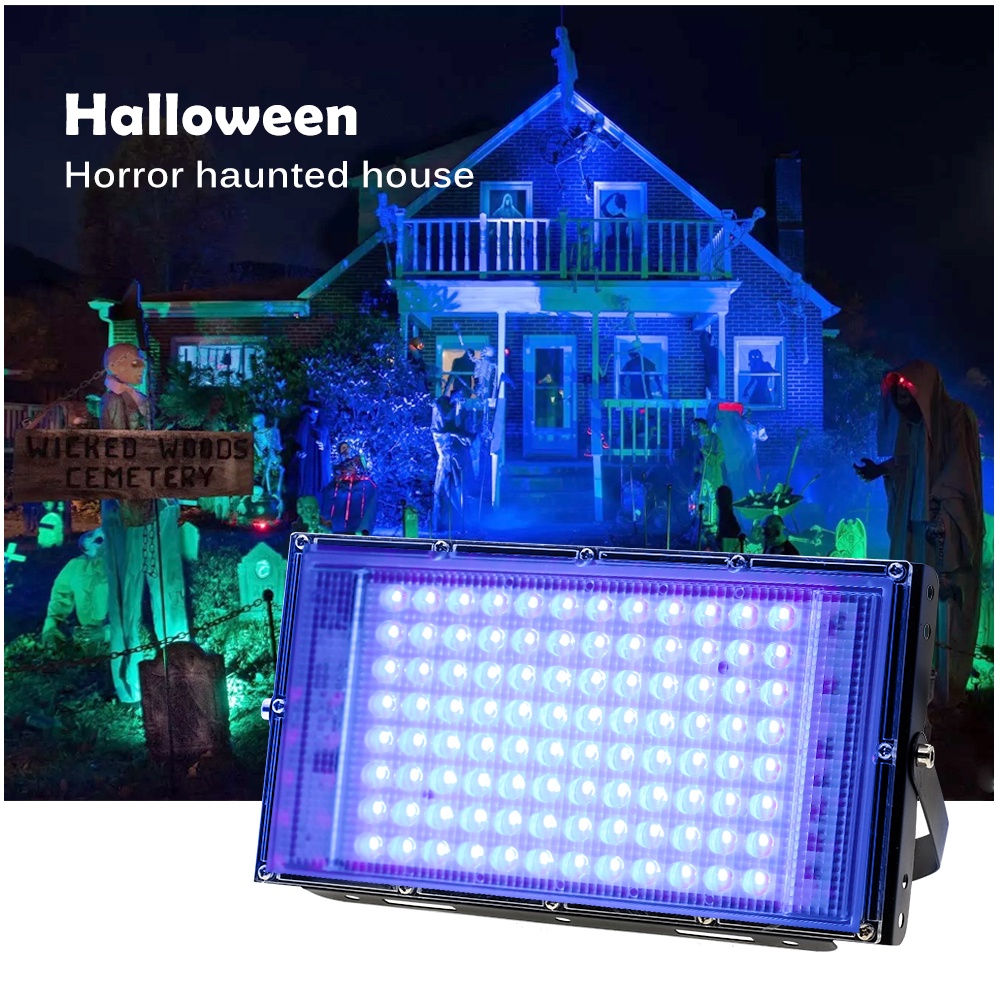 Đèn pha LED UV 50W 100W cực tím 395nm 220V huỳnh quang màu ánh sáng đen dành cho bữa tiệc Halloween tại ngôi nhà ma