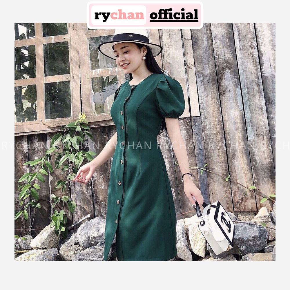 [ẢNH THẬT CUỐI] DX602 - Đầm Xòe Xanh Rêu Tay Phồng Đính Cúc