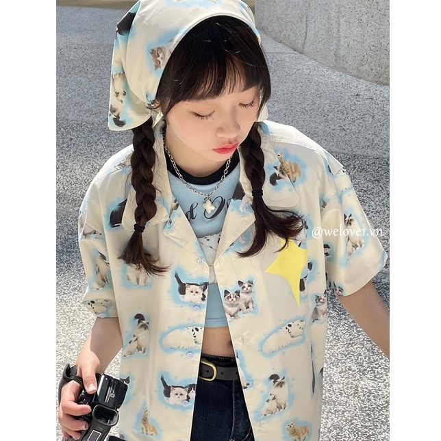 Áo Sơ Mi Ngắn Tay In Họa Tiết Mèo Và Ngôi Sao Sáng Tạo Thời Trang Cho Nữ