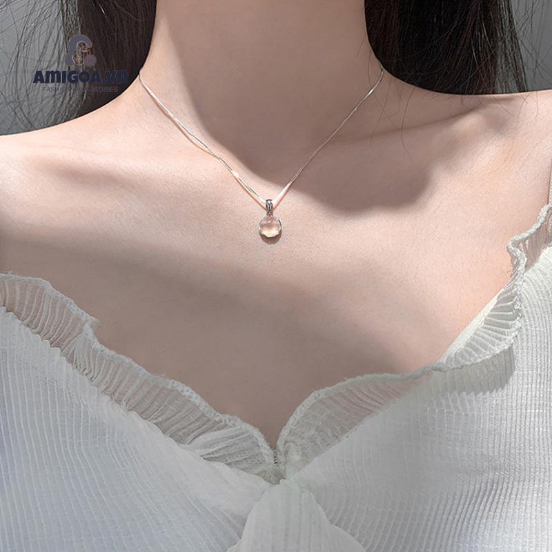 ✨✨Vòng cổ Mặt Tròn Trong Suốt Phối Đá Opal Trắng Thời Trang Cho Nữ