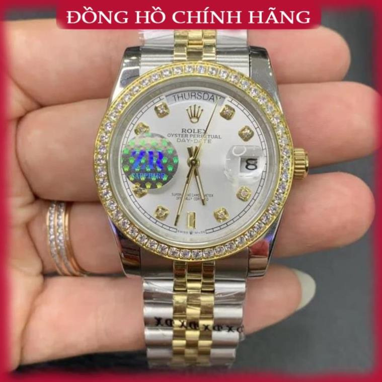 Đồng hồ Nam Ro-lex máy nhật mặt trắng đơ mi vàng day date vành đá 38mm dòng cơ Automatic Wah
