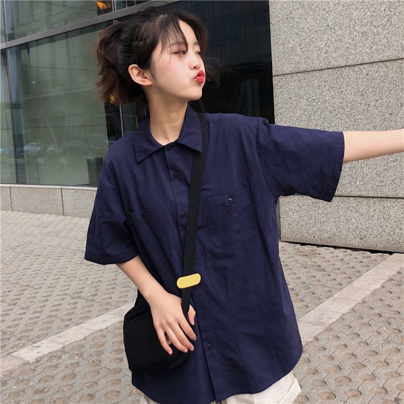 Áo sơ mi COZOKC tay ngắn dáng rộng màu trơn thời trang đơn giản
