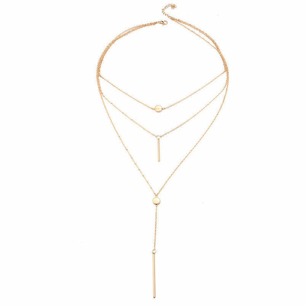 Vòng cổ choker bằng kim loại thiết kế nhiều lớp gắn đá và thanh dài đơn giản