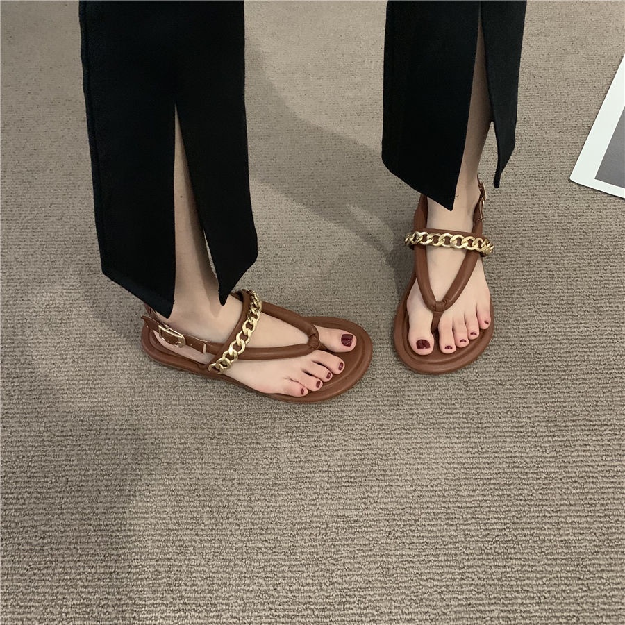 Giày Sandal Đế Bằng Phối Dây Xích Thời Trang Đi Biển Mùa Hè Cho Nữ