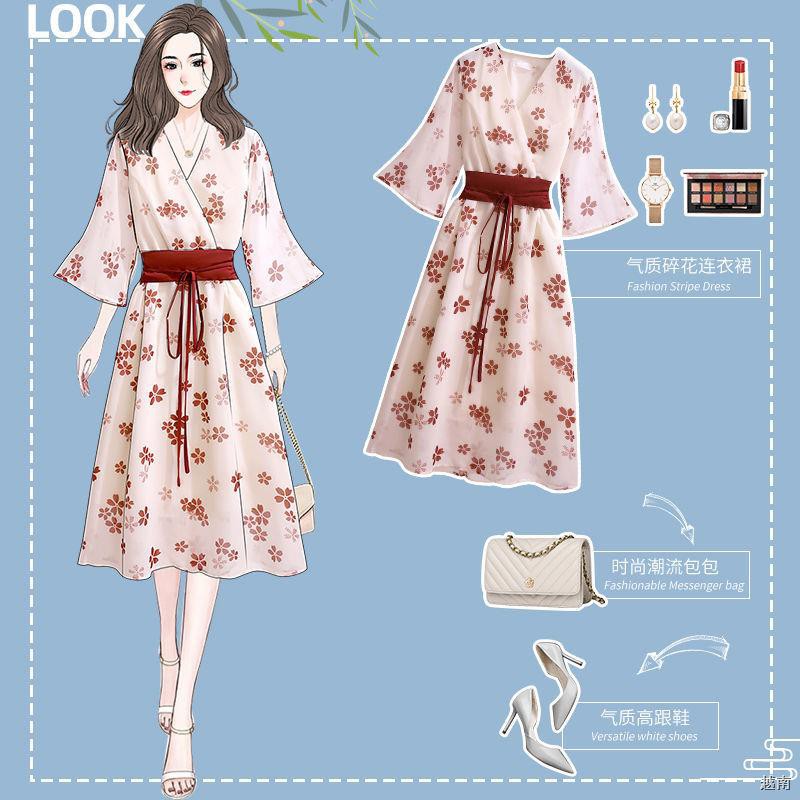 ❡✒☃Đầm hoa voan nữ hè 2021 mới Sườn xám Hanfu Phiên bản cải tiến của váy kimono cổ điển màu đỏ lưới phổ biến