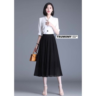 Chân váy voan dập ly nhỏ dáng dài Vintage Quảng Châu cạp chun, vải trơn - Trumomy