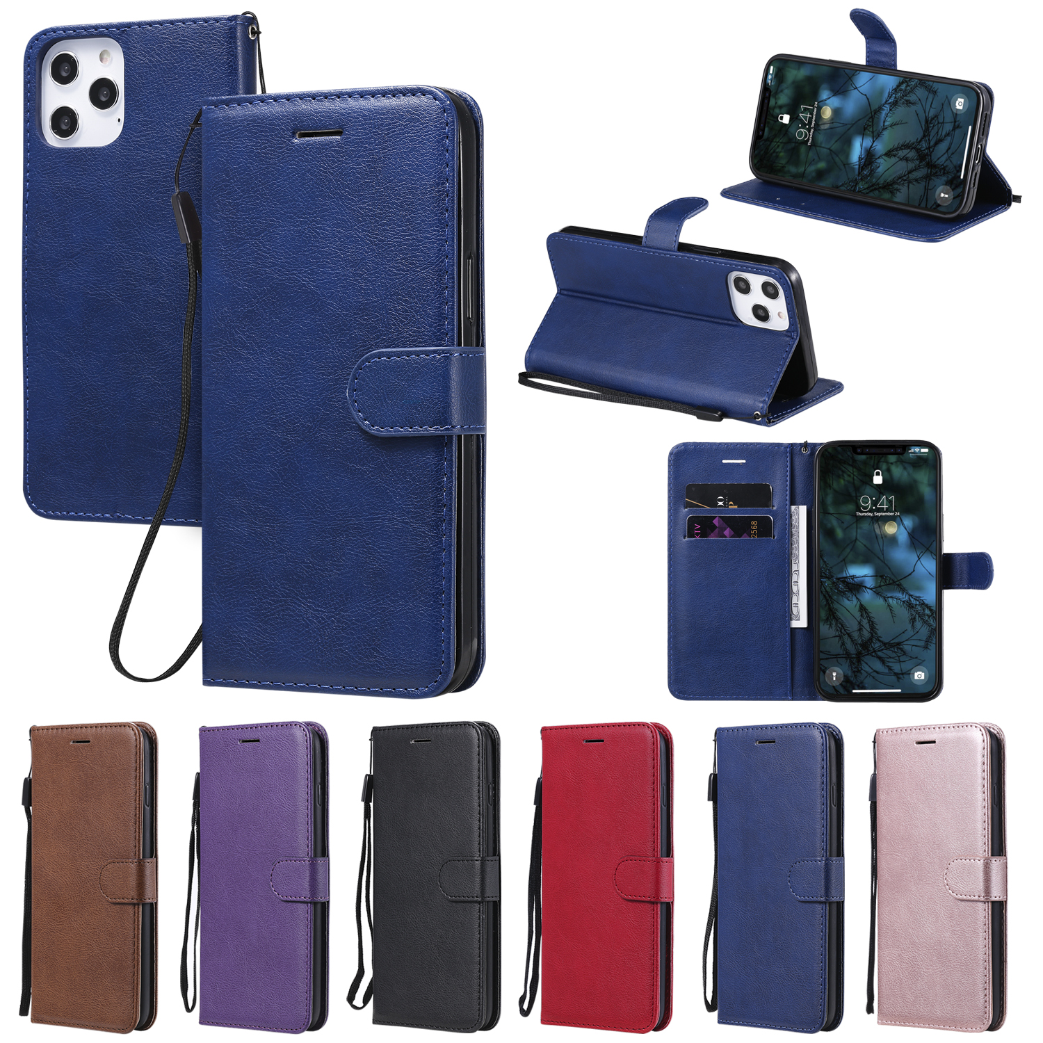 Samsung Galaxy S5/S6/S6 edge+/S7/S7 edge/S8/S8 plus case PU Leather Wallet Flip Pure color Phone casing cover （With Lanyard）