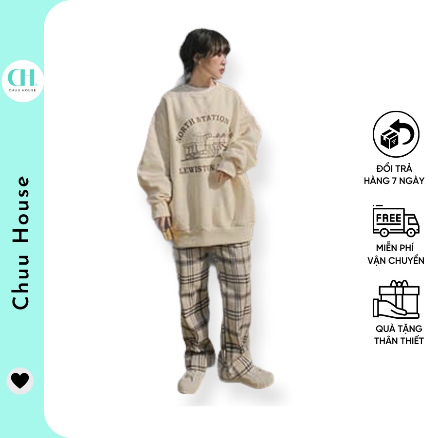 Bộ Nỉ Nữ Áo Nâu Tây Phối Quần Caro Chất Dày Ấm Trẻ Trung Năng Động - Chuu House- CH0105