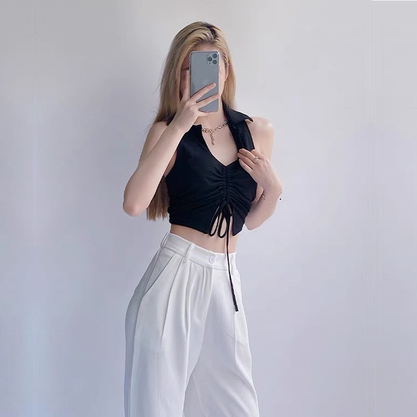 Áo croptop nữ body sát nách JUNEST dây rút ngực hở lưng cổ nam không chân BLDR01 | BigBuy360 - bigbuy360.vn