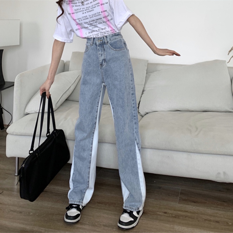 Quần Jean Ống Đứng Thêu Chữ Phối Màu Tương Phản Thời Trang