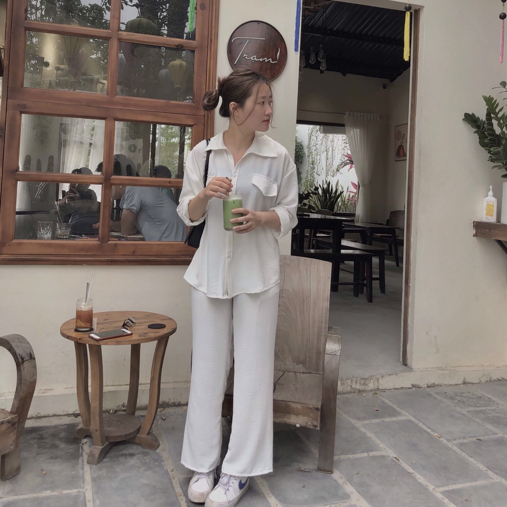 Set đồ nữ, Set áo sơ mi đũi trắng mix quần suông trắng xinh xuất sắc [Ảnh thật] | BigBuy360 - bigbuy360.vn