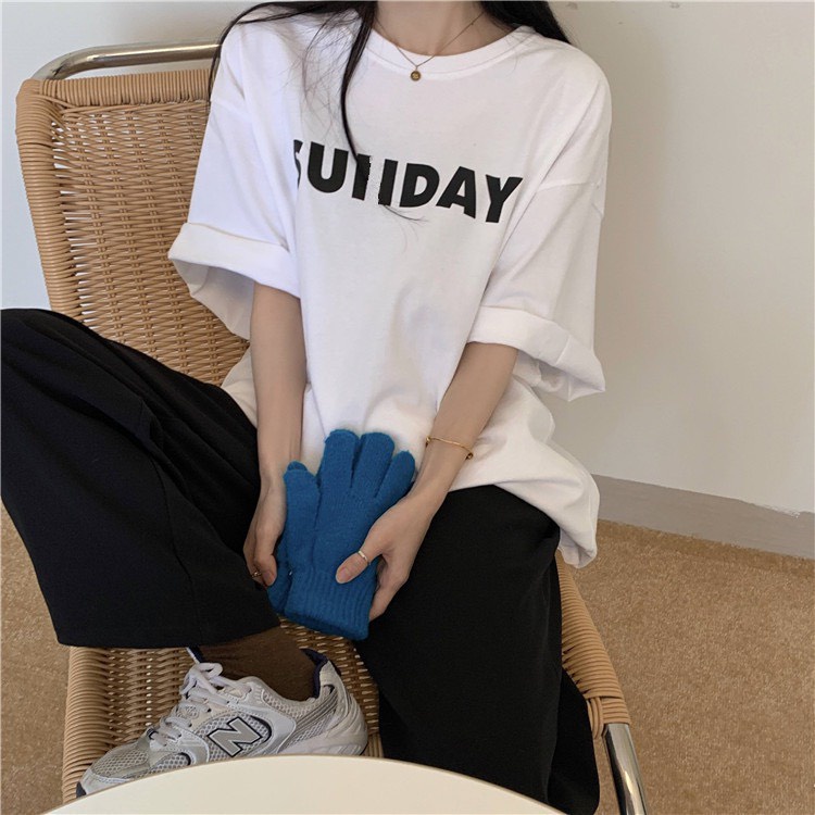 Áo phông nữ form rộng tay lỡ 2022, áo thun nữ form rộng unisex cotton oversize SUNDAY cổ tròn màu trắng đen