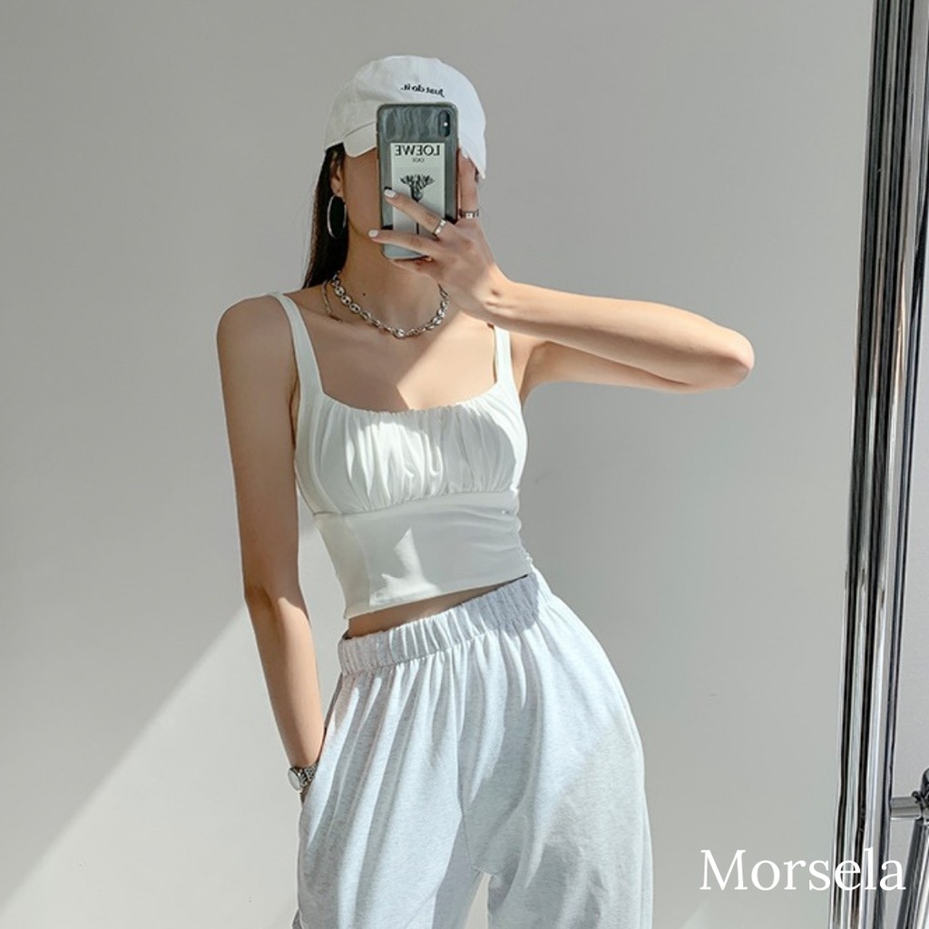 Áo 2 dây cổ U nhún ly ngực croptop , áo thun chất cotton co giãn tôn dáng Morsela