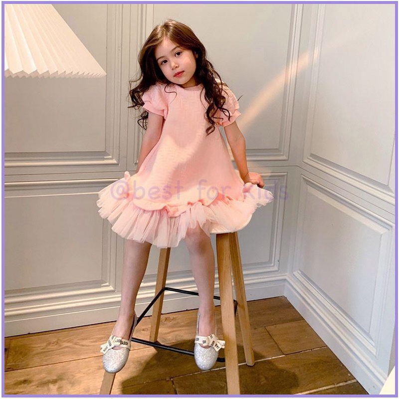 Đầm Công Chúa Tay Ngắn Phối Lưới Màu Hồng Thời Trang Xuân Hè Xinh Xắn Cho Bé Gái