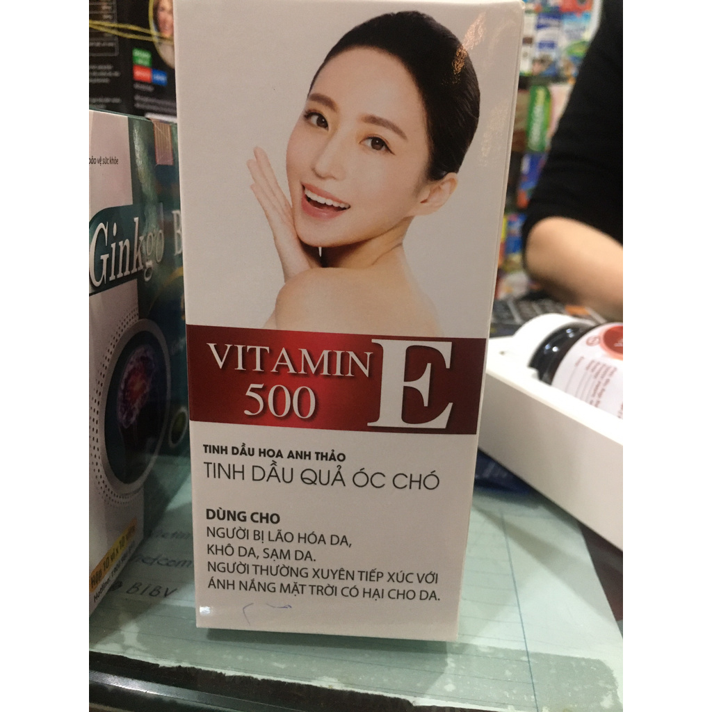 Viên uống đẹp da VITAMIN E 500 Đỏ và tinh dầu hoa anh thảo giúp cân bằng nội tiết, chống oxy hóa. Lọ 60 viên