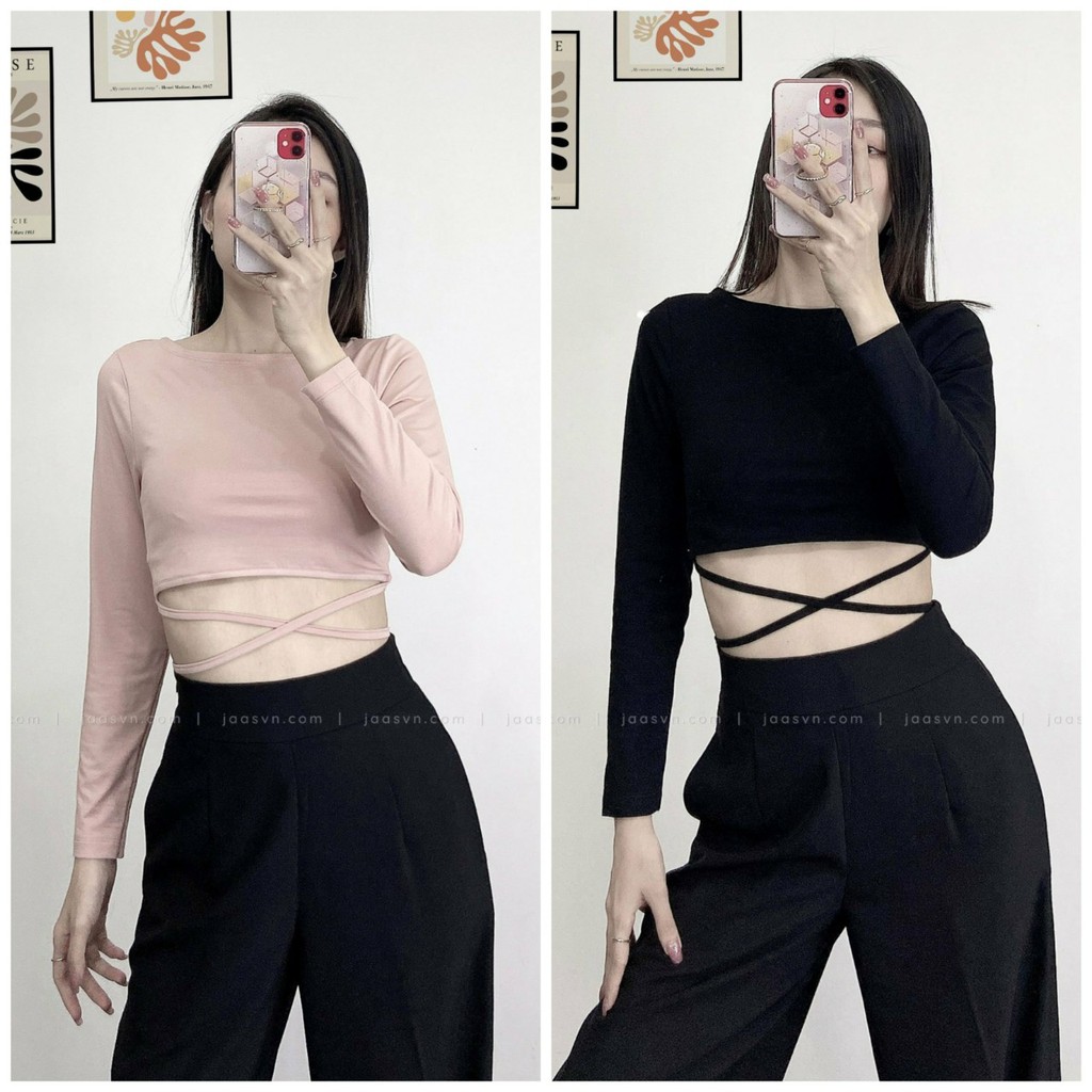 Áo croptop tay dài ôm body thắt dây eo cá tính