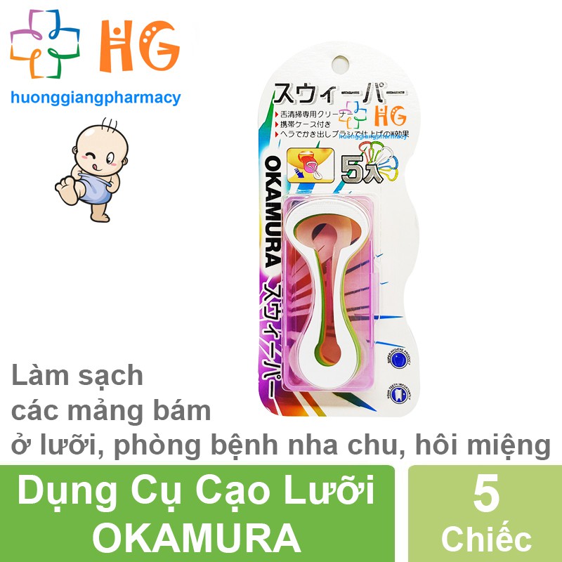 Dụng cụ cạo lưỡi Okamura - Làm sạch mảng bám lưỡi, phòng bệnh nha chu (Vỉ 5 Cái)