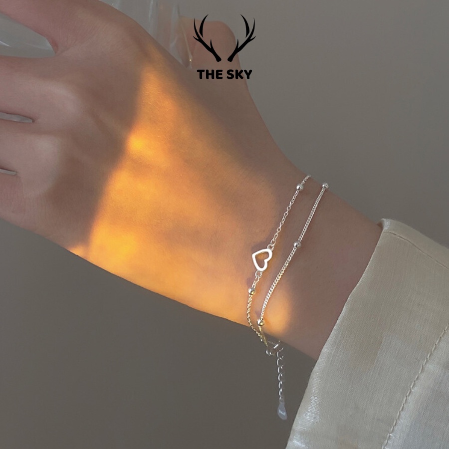 Vòng Tay Bạc Nữ THE SKY VT1022 Hai Dây Sợi Mảnh Kèm Mặt Hình Trái Tim