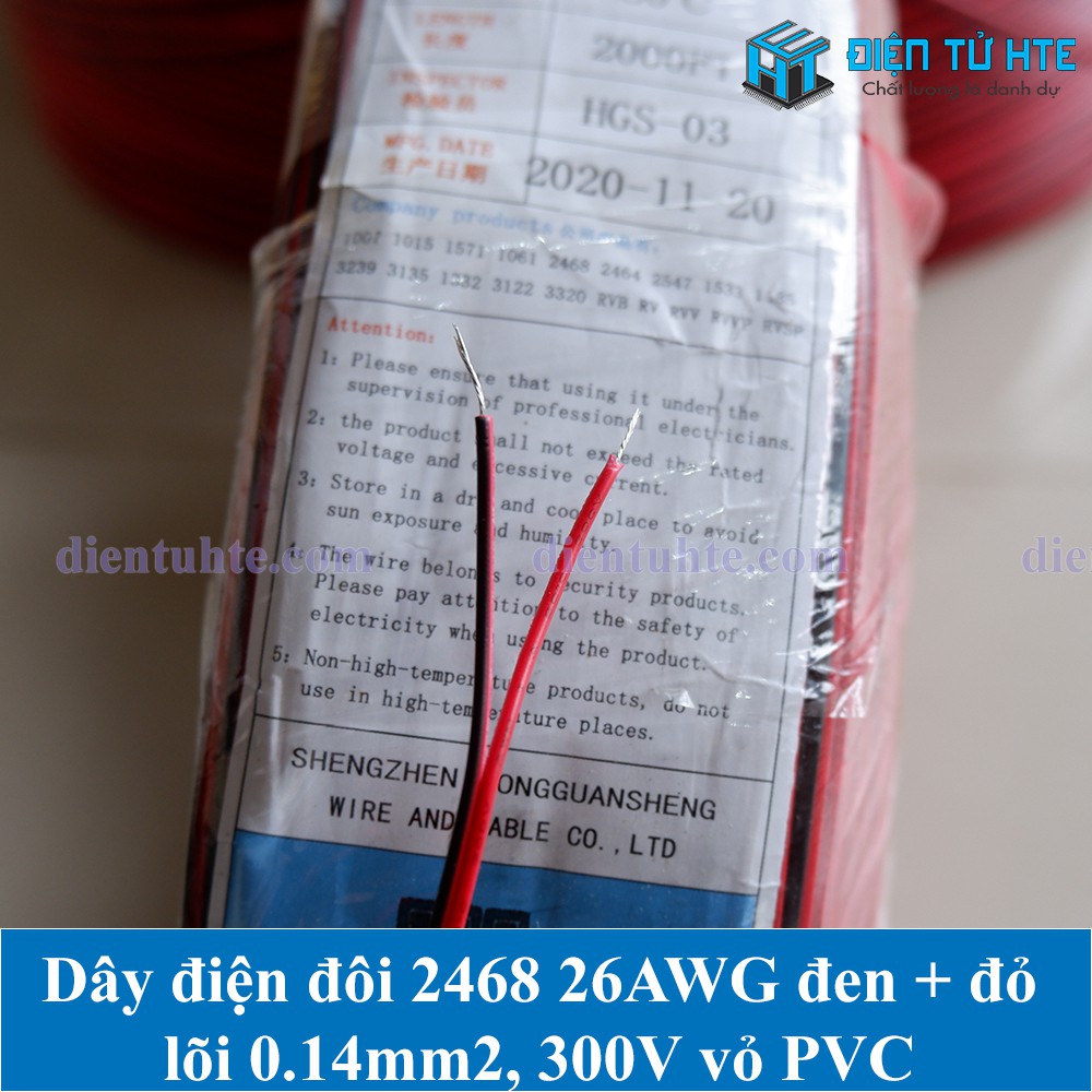 Combo 5 mét Dây điện đôi 2468 đỏ - đen 26AWG lõi 0.15mm2 vỏ PVC [HTE Quy Nhơn CN2]