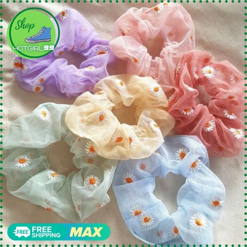 Dây buộc tóc,cột tóc scunchies vải lưới, cột toc họa tiết hoa cúc, buộc toc thanh lịch siêu hot / hotgirl99