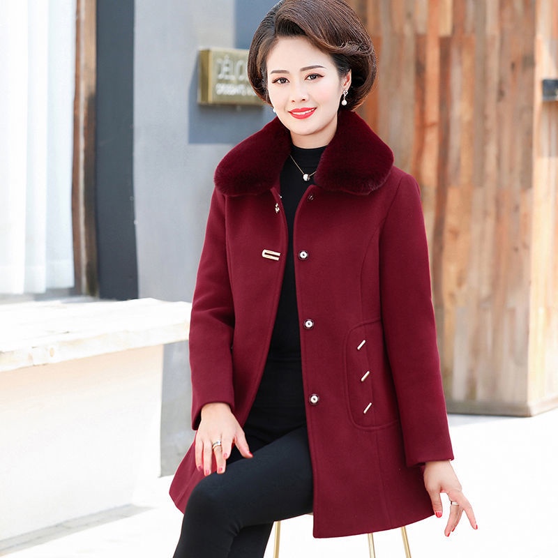 Áo khoác len nữ trung niên và người già, niên, đầm mẹ thu đông cotton 40-50