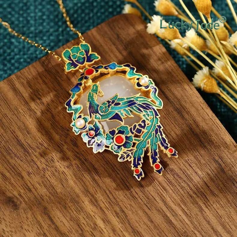 Vòng cổ Bạc 925 Mặt Ngọc Bích Chạm Khắc Hình Phượng Hoàng
