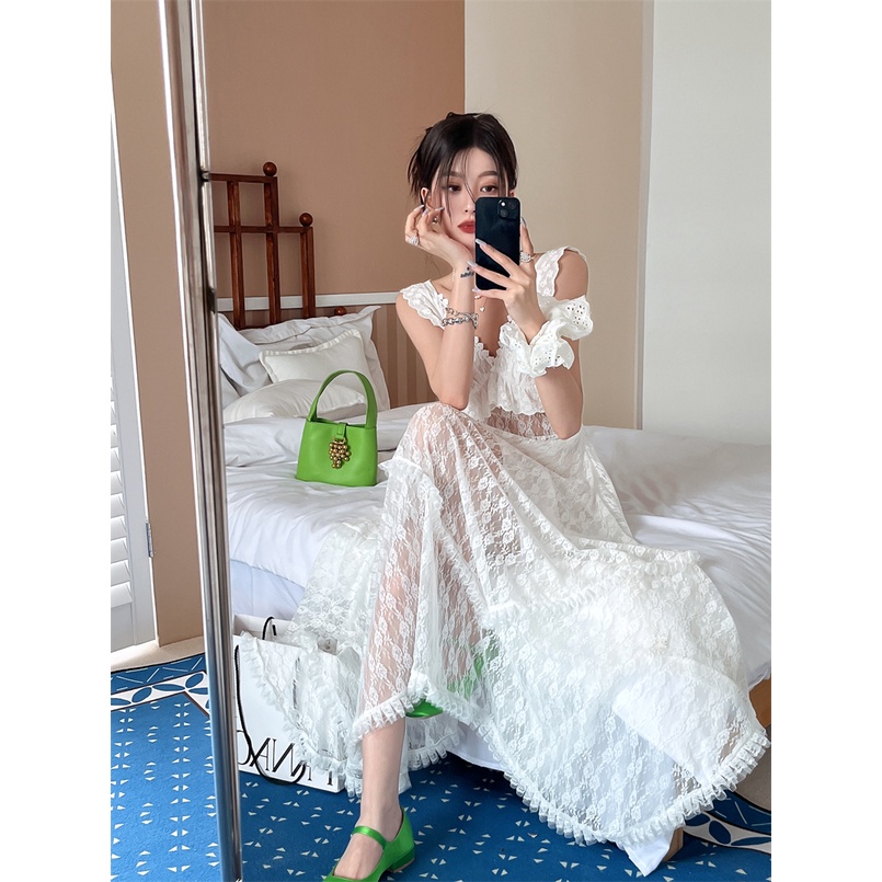 Đầm Hai Dây Cổ Chữ v Màu Trắng Thời Trang Mùa Hè Quyến Rũ Cho Nữ