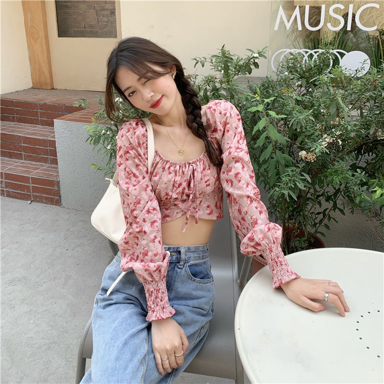 Áo Kiểu Tay Dài Cổ Vuông Chất Chiffon Hoạ Tiết Hoa Cho Phái Nữ | BigBuy360 - bigbuy360.vn