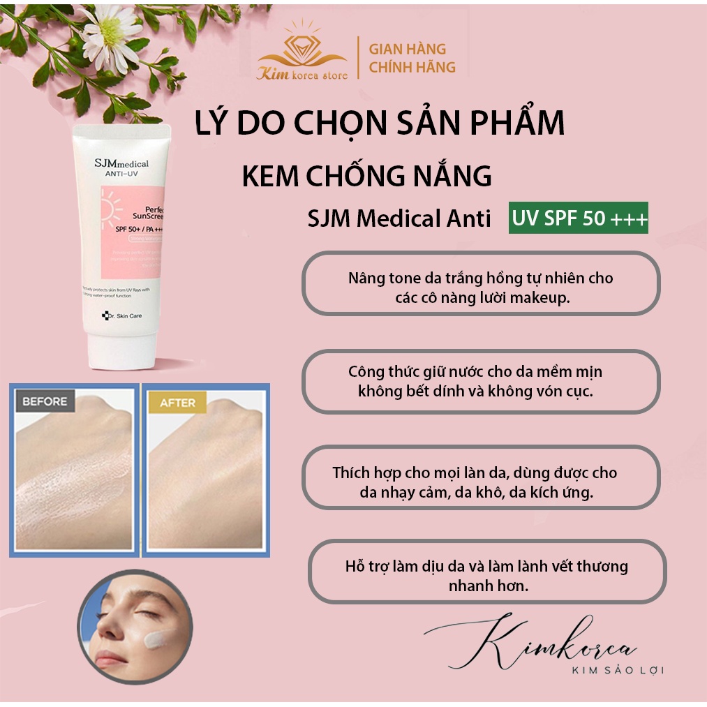 Kem chống nắng vật lý nâng tone kiềm dầu mỏng nhẹ chống thấm nước SJM Medical Anti - uv spf50+pa++++ KCN02