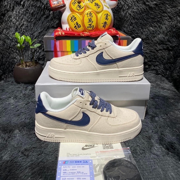 AF1 Beige Deep blue vải Gai Dầu- AF1 Màu Kem, air force 1 vệt Xanh Than bản New