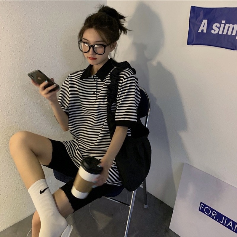 Áo Thun Tay Lửng Họa Tiết Sọc Đen Trắng Thời Trang Dành Cho Nữ