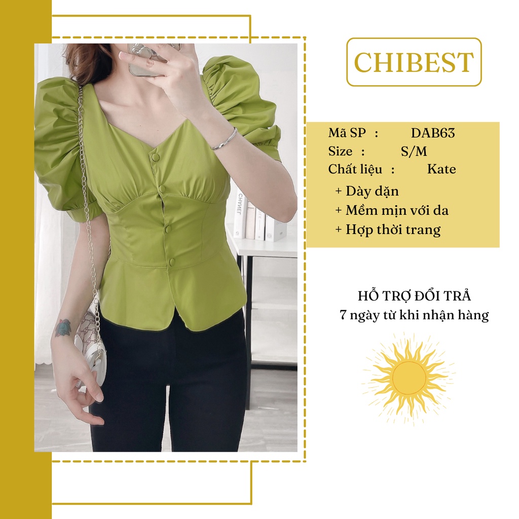 Áo peplum nút bọc phối tay nhún phồng vạt bầu chất liệu vải kate CHIBEST DAB63